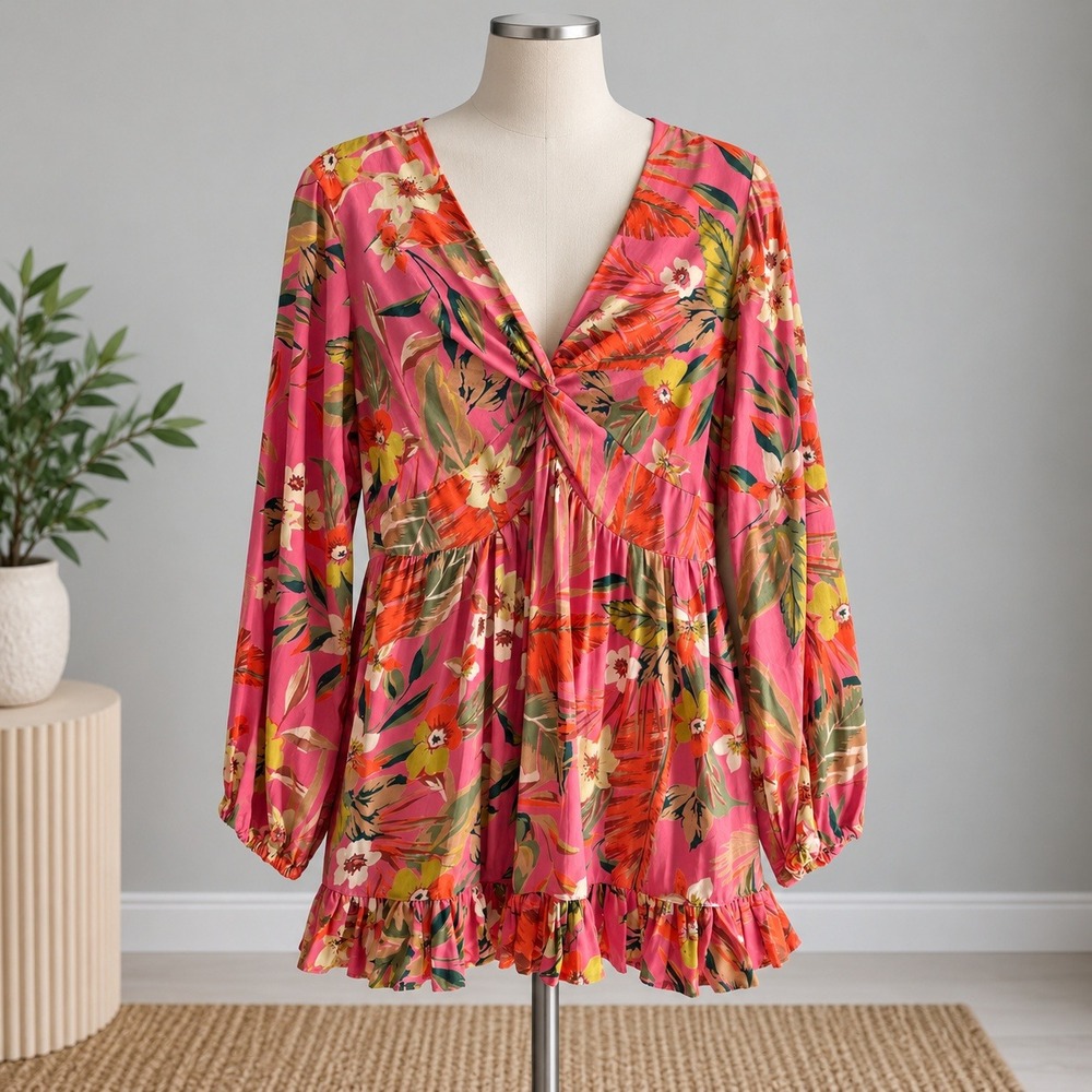 Bunulu Tunic Top Dress Pink Tropical Floral Twist Front Ruffle Rayon Sz Small